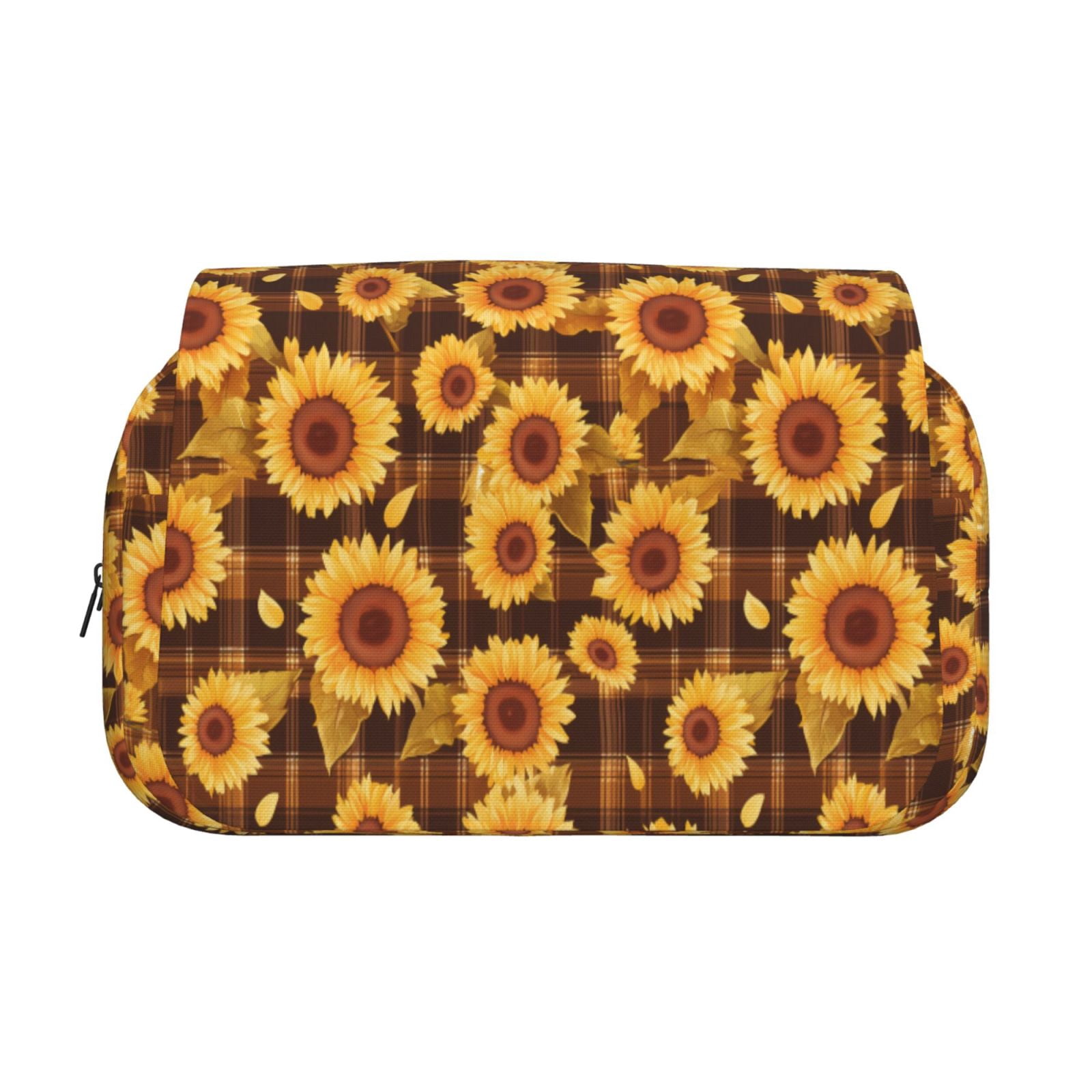 Rateoe Vintage Brown Plaid Sunflower Pattern Double Clamshell Pen Case, Storage Organizer with Two Zipper Compartments– Holds Up to 50 Pencils & Pens