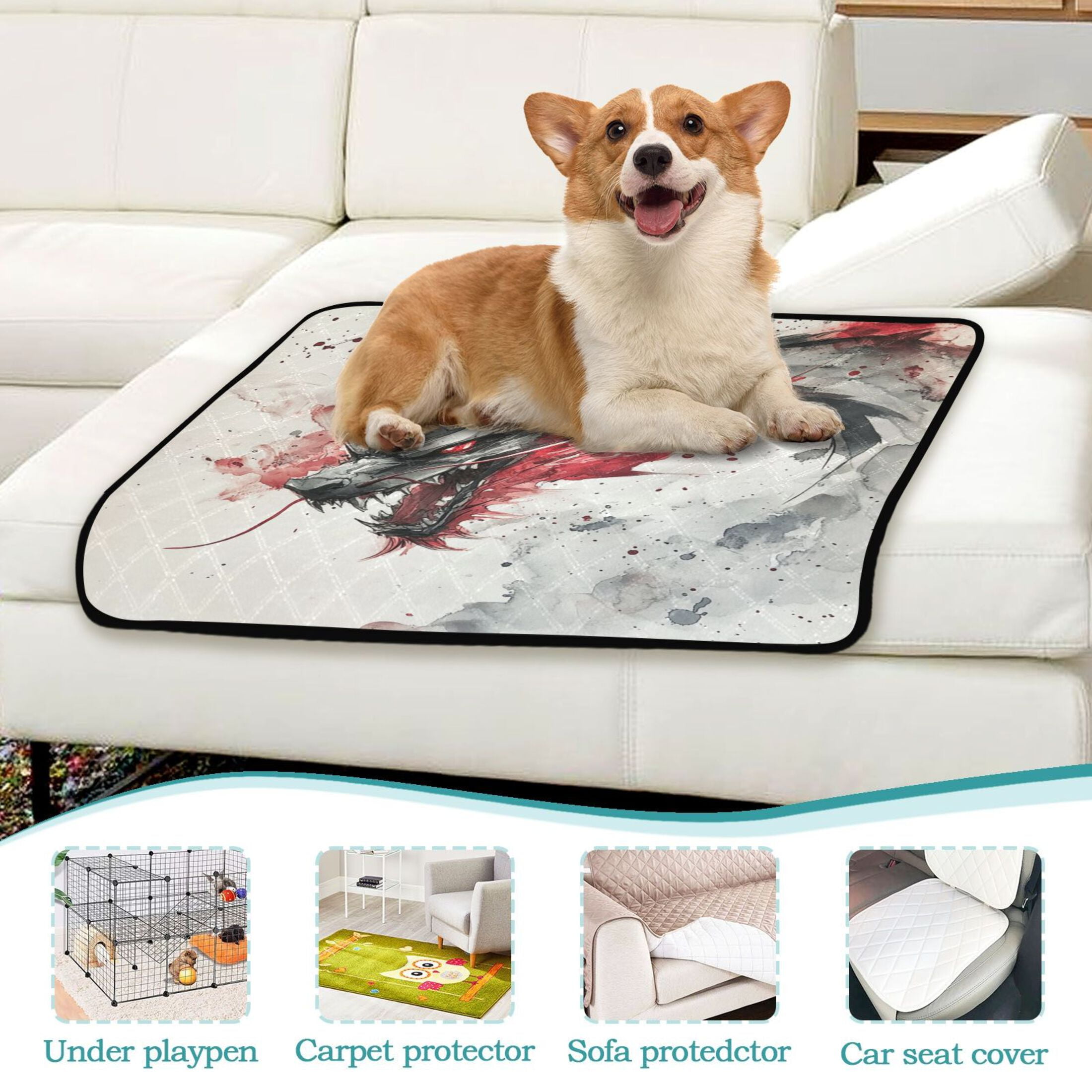 Qxltty Black and Red Dragon Cat litter Pads Pet Set of 3 Diaper Mats Center Anti-leakage Layer Absorbent Soft and Comfortable