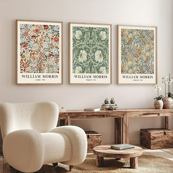 3pcs Framed Canvas Wall Art - Vibrant Floral & Botanical Prints by William Morris, Modern Home Decor for Living Room, Bedroom, or Office, Wooden Frame, Perfect Gift for Art Lovers, Living Room Decor