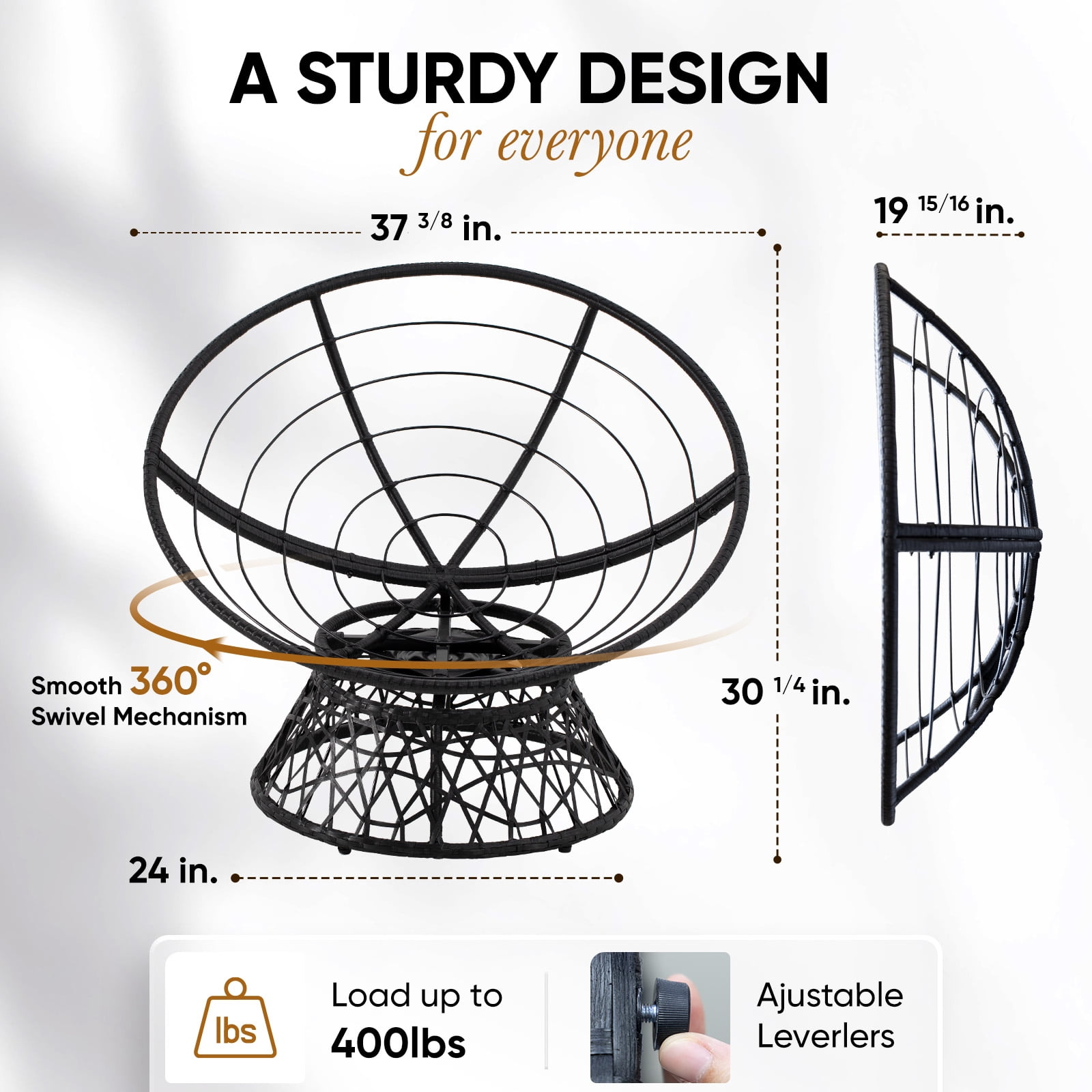 Bme Papasan Chair with Fabric Cushion, Metal Swivel Base, Sterling Fog - Black Frame