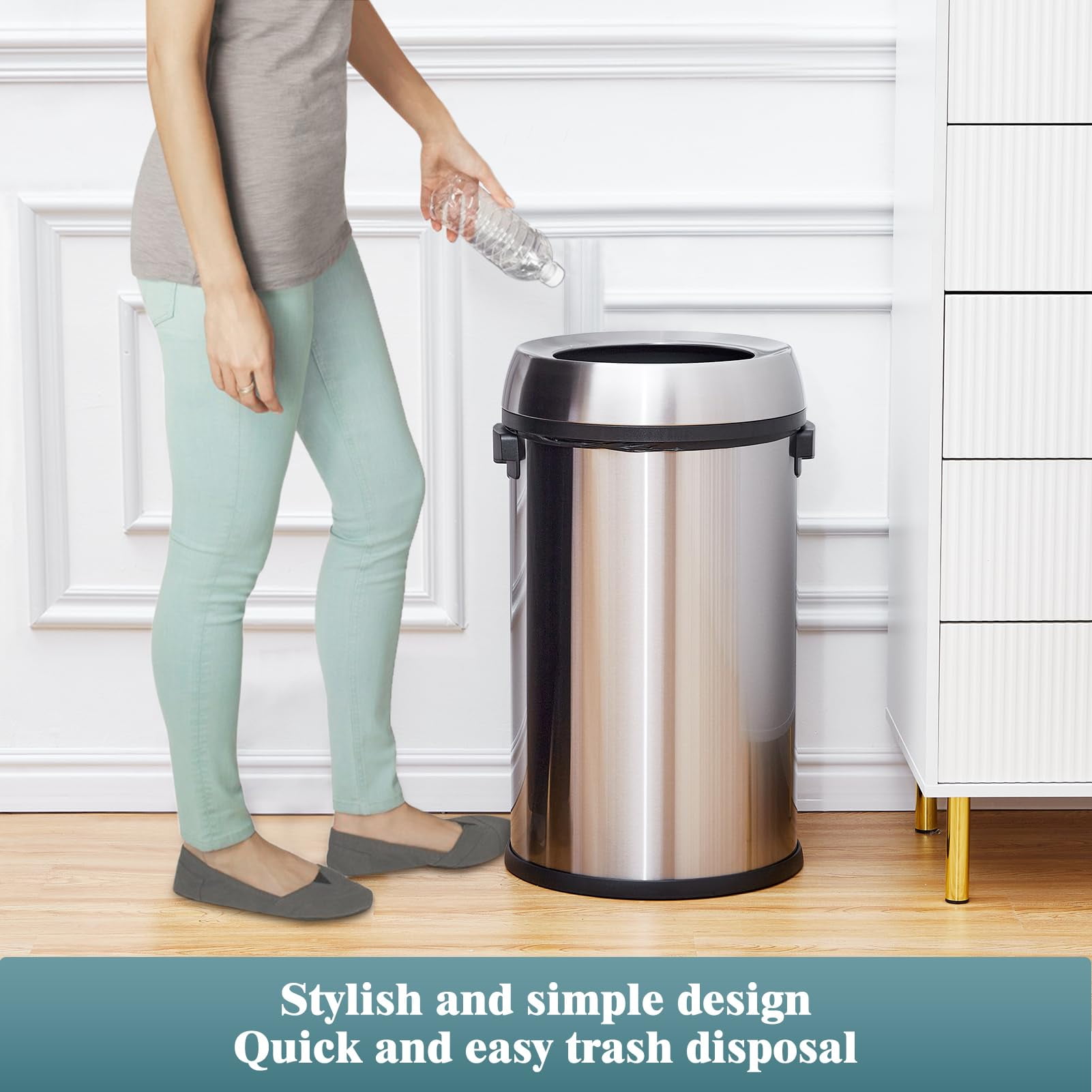 Ataucjin Round Kitchen Trash Can,Stainless Steel Swing Open Trash Can,Small Commercial Trash Can Garbage Can Without Inner Bucket For Home Office,17 Gallon
