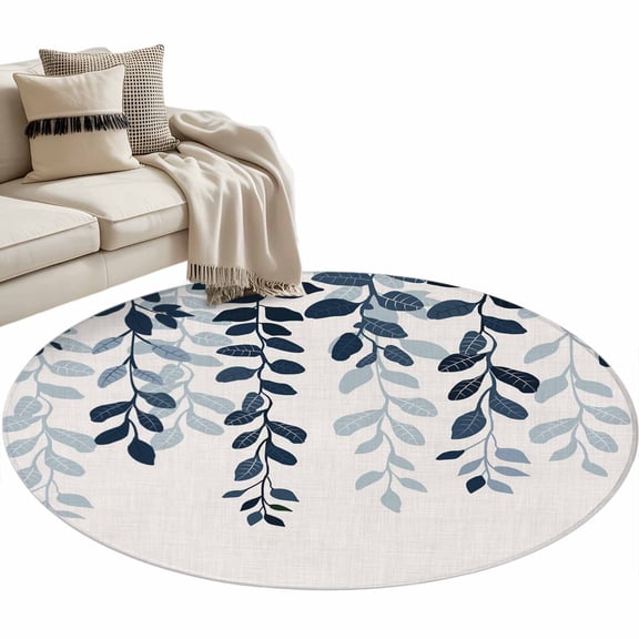 Navy Blue Ombre Botanical Round Area Rug 4 FT, Non Slip Indoor Outdoor Rug, Watercolor Pastoral Leaf Rustic Washable Soft Circular Carpet Non-Shedding Floor Mat for Coffee Table Nursery Foyer Balcony