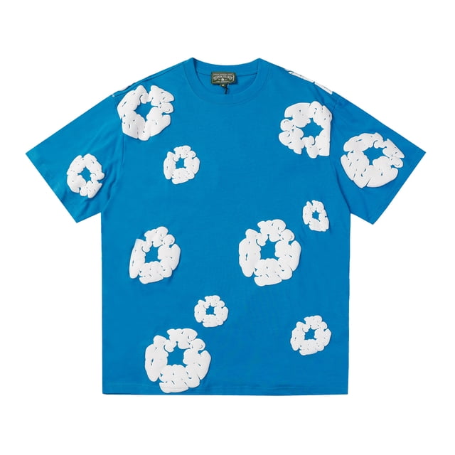 Marca de moda estadounidense DENIM TEARS La misma camiseta holgada de manga corta de kapok con estampado completo de Pei Yeazul cielo mangas cortas