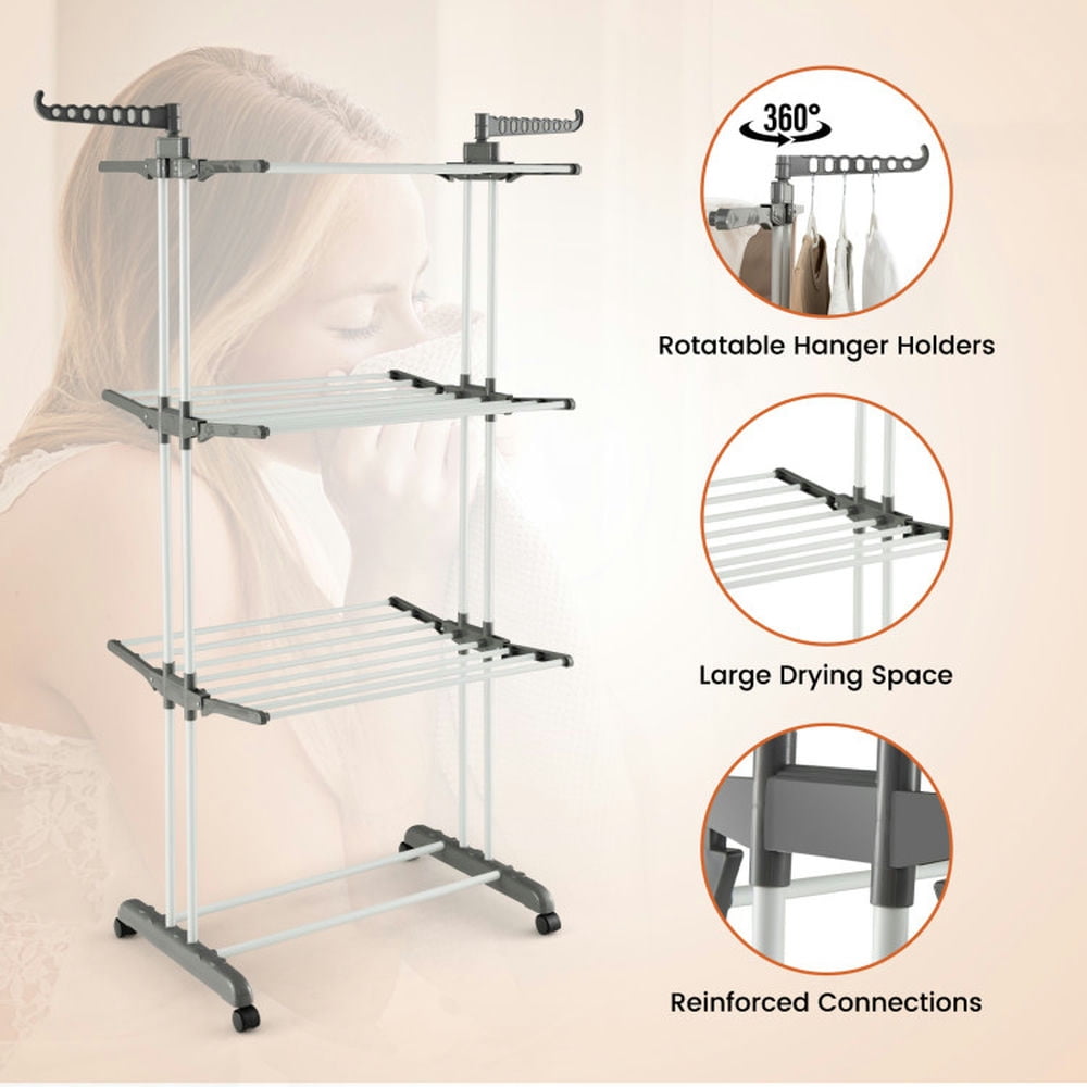 Finihen Drying Rack, Clothes Drying Rack, 4-tier Clothes Drying Rack with Rotatable Side Wings and Collapsible Shelves, for Indoor, Outdoor, Gray Finihen Drying Rack, Clothes Drying Rack, 4-tier Clothes Drying Rack with Rotatable Side Wings and Collapsible Shelves, for Indoor, Outdoor, Gray