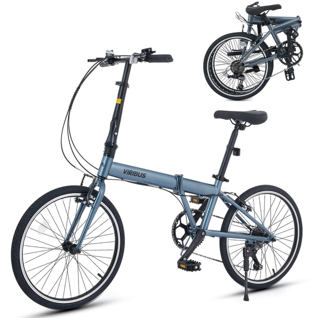 VIRIBUS 20" Adult Folding Bike 7 Speed City Commuter Bicycle with Self Locking Latch Slate Blue
