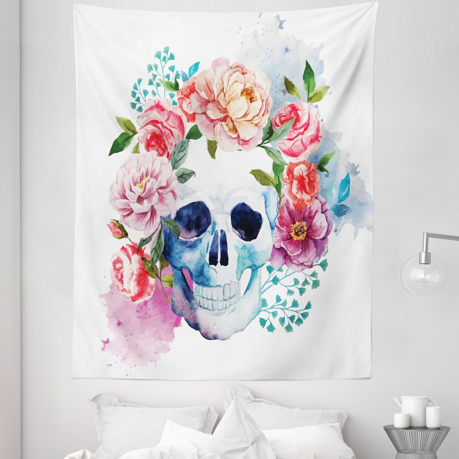 Skull Wear Roses With Trash Can Wall Decor Hanging Tapestry Bohemian Bedspread 