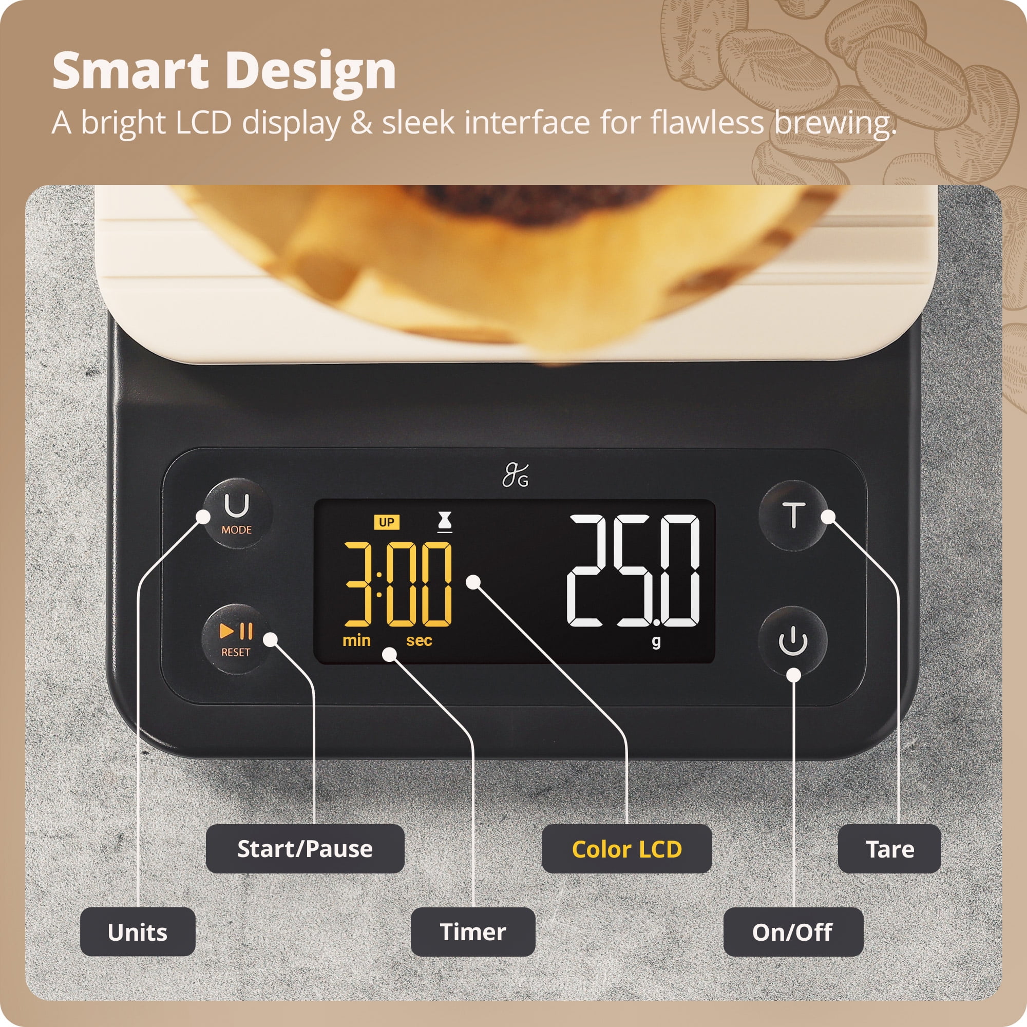 Greater Goods Coffee Scale with Timer, 0.1g Precision, 3kg Capacity, 6-Unit Digital Espresso & Pour-Over Scale, Silicone Waterproof Cover, Auto Shut-Off (Birch White)