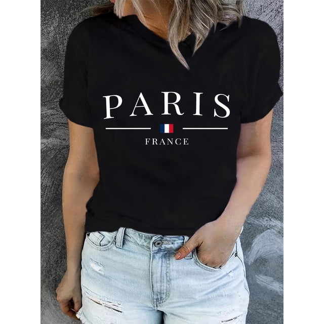 Camiseta con estampado PARIS, manga corta, cuello redondo, informal, para verano y primavera, para mujer, para adultos, hombres, mujeres, adolescentes, jóvenes, deportiva, informal.
