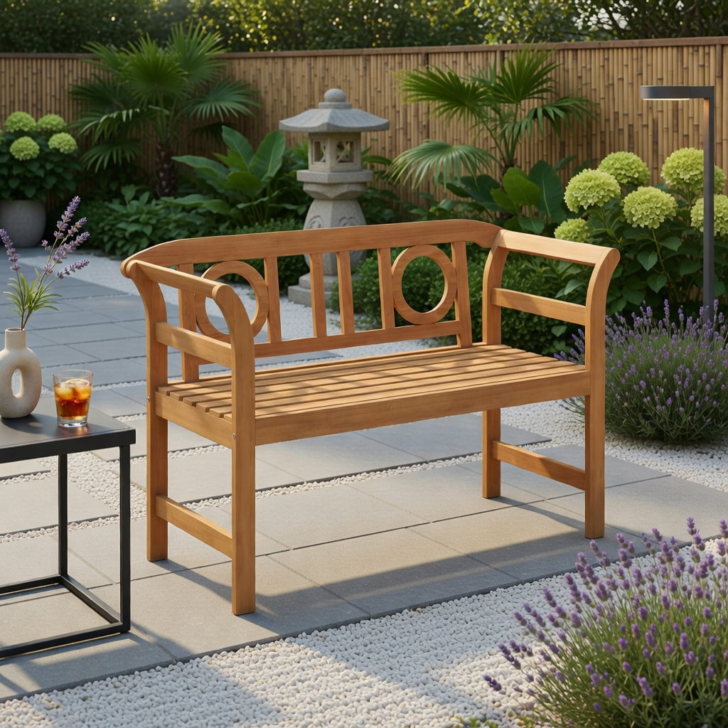 Hommoo Acacia Wood Outdoor Loveseat for 2, Sturdy Patio Bench with Backrest & Armrests, Natural
