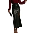 thumbnail image 2 of Women High Waisted Leather Front Thigh Slit Wrap Midi Skirt Long Pencil Bodycon Black S, 2 of 8