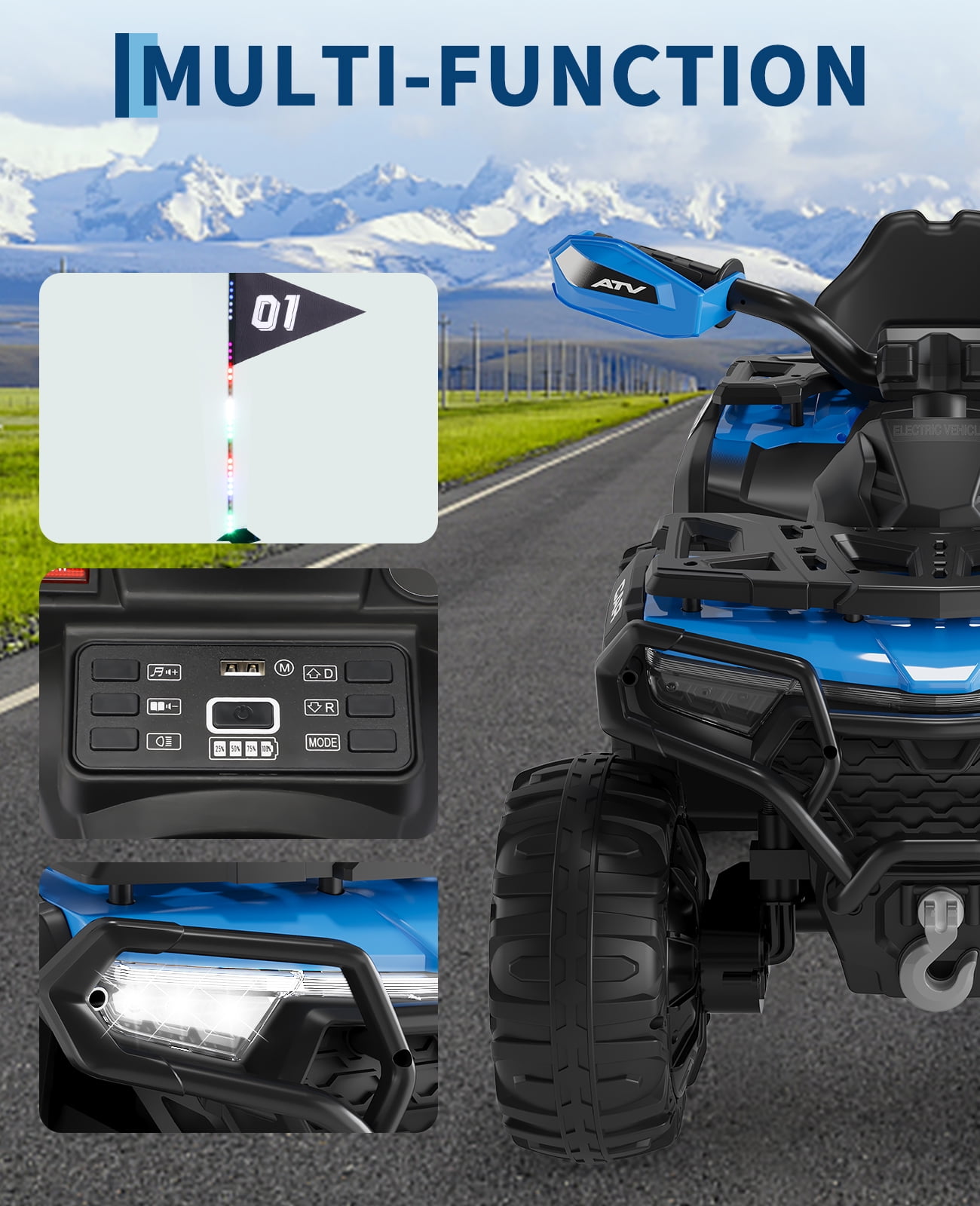 12V Electric Ride on Toys with Remote Control, Kids ATV with LED & Bluetooth, Dual 45W Motors & 3 Speed Electric Car for Kids