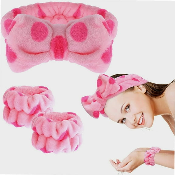 3 Pieces Spa Headband Wrist Washband Scrunchies Cuffs for Washing Face Makeup Headband Facial Hairband Towel Wristbands Headband Face Wash Wristband for Women Girls (pink)