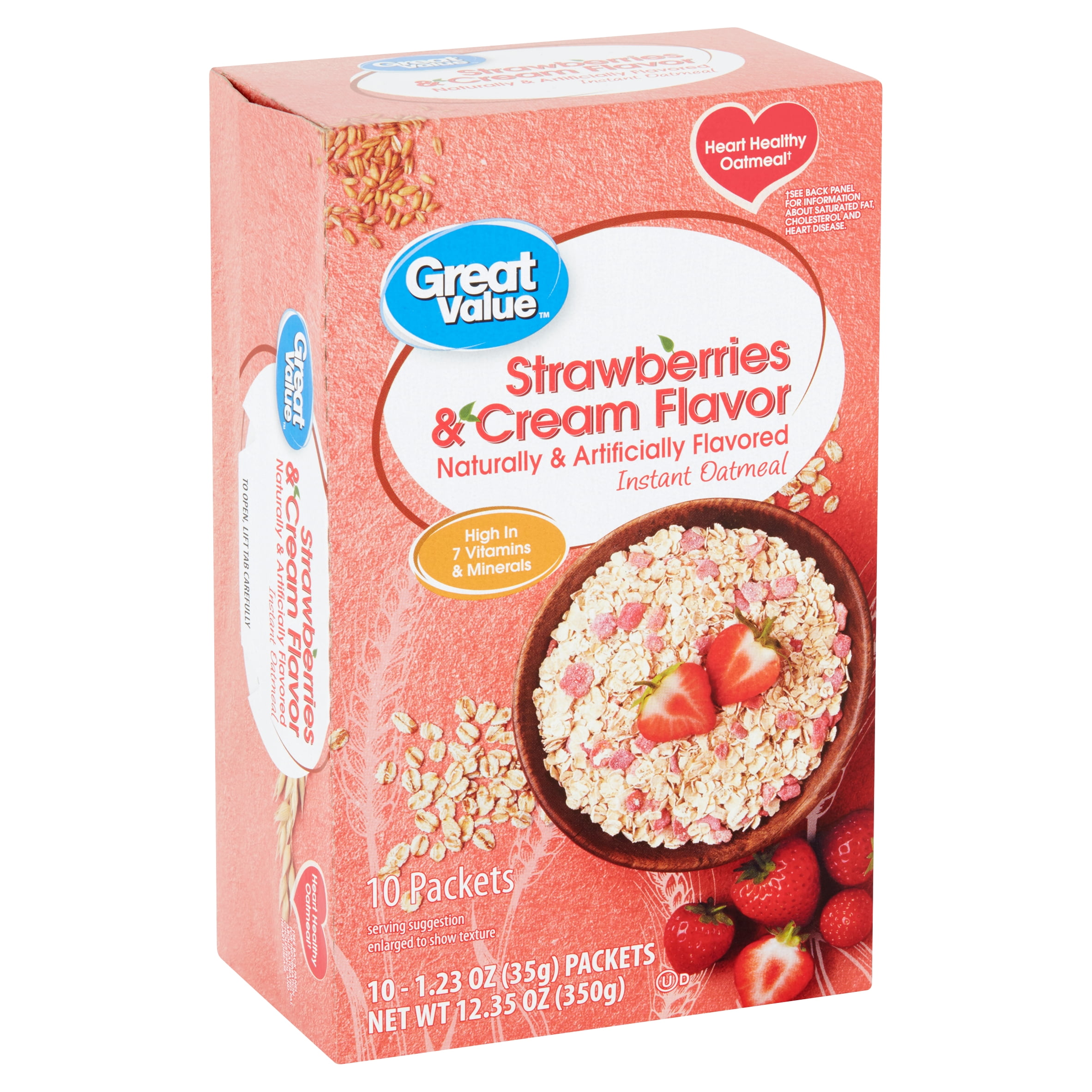 Great Value, Instant Oatmeal, Strawberry & Cream, 1.23 oz, 10 Packets