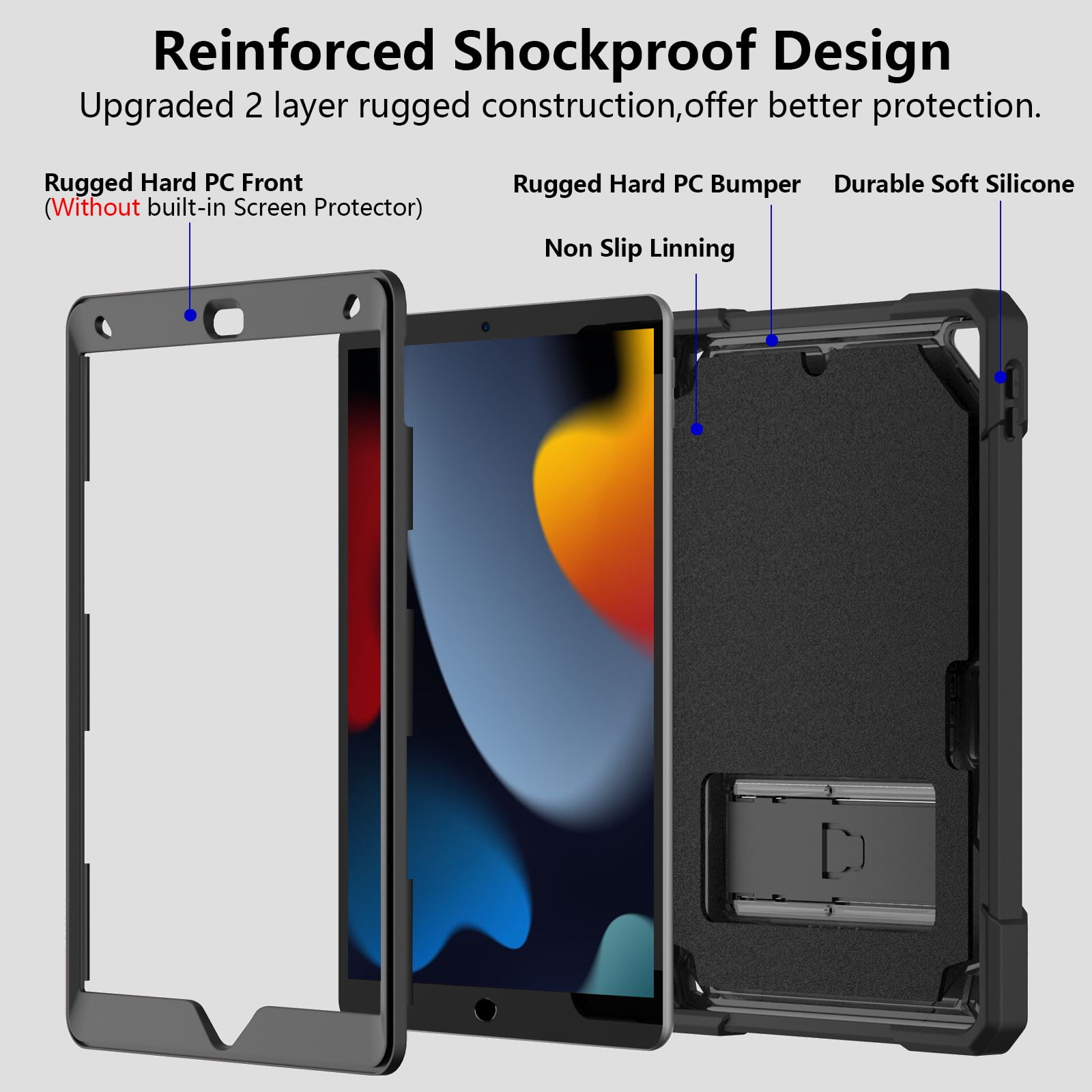 ELEHOLD Hybrid Rugged Case for iPad 9th/8th/7th Gen 10.2 2021/2020/2019, Heavy Duty Shockproof Case with Hidden Foldable Kickstand Adjustable Crossbody Shoulder Strap Pencil Holder,Black