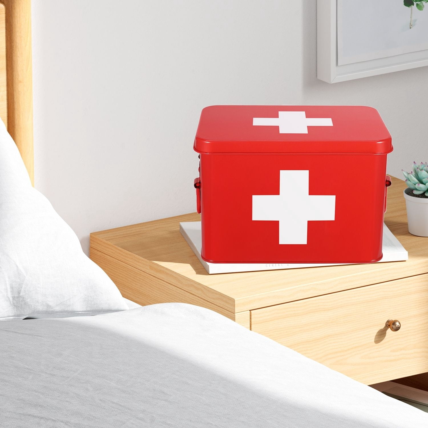 First Aid Medicine Box Supplies Kit Organizer - 8.6" Red Metal Tin Medic Bin Hard Case with Removable Tray, Handle, Storage Compartment, Vintage Antique Empty Boxes for Home Family Emergency Tool Set