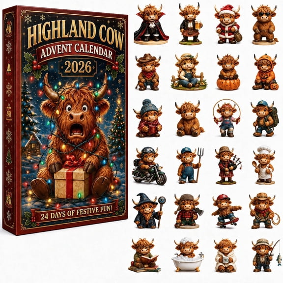 Clearance! 2026 Funny Highland Cow Advent Calendar, 24 Days Christmas Countdown with Flat Acrylic Ornaments, Funny Gifts for K*ids & Adults