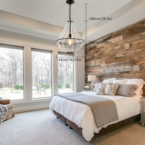 Farmhouse Wood Beaded Chandelier Modern 1-Light Boho Pendant Lights Fixture E26