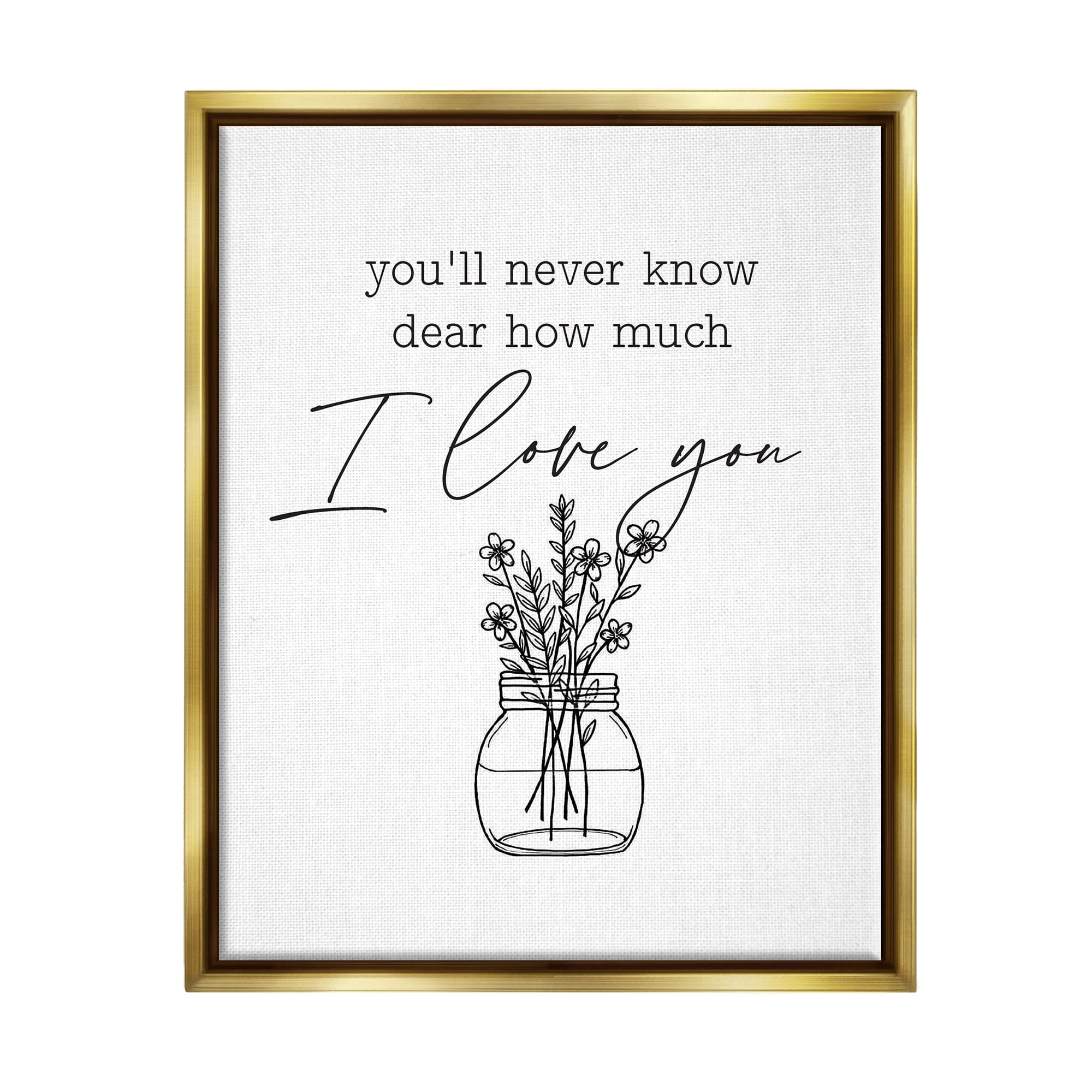 Stupell Industries I Love You Simple Daisy Botanical Outline Bouquet Graphic Art Metallic Gold Floating Framed Canvas Print Wall Art, Design by Lettered and Lined