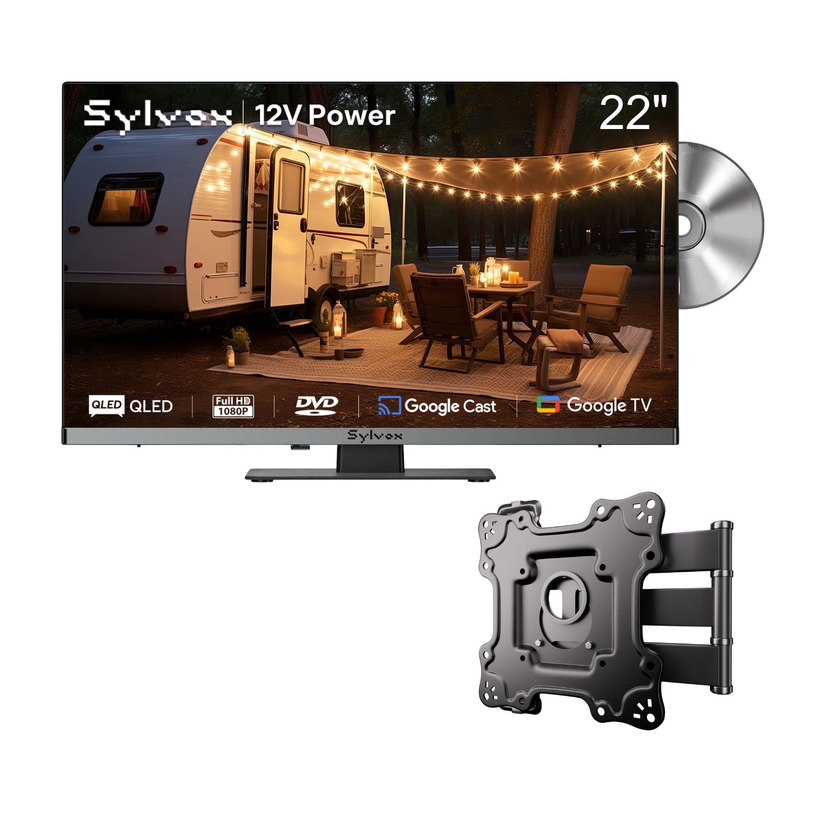 SYLVOX 22" Frameless RV TV with Wall Mount, 12 Volt TV with Built-in DVD Player, 1080P Google TV ATSC NTSC WiFi Bluetooth HDMI USB, AC/DC Powered, for RV Camper Van (Limo QLED)