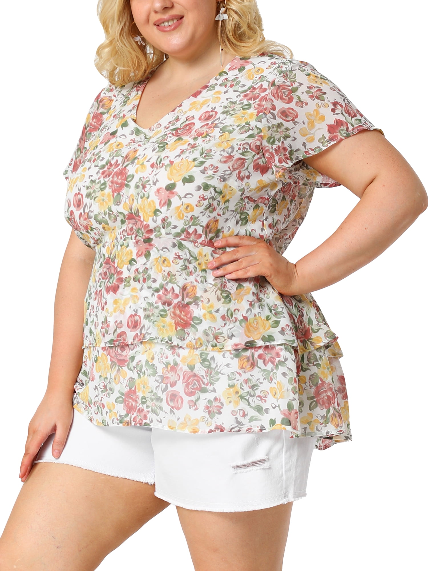 Unique Bargains Women's Plus Size V Neck Flare Floral Print Sleeve Tiered Peplum Top