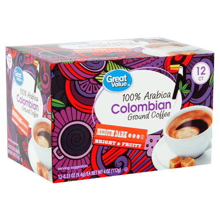 Great Value 100% Arabica Colombian Coffee Pods, Medium-Dark Roast, 12