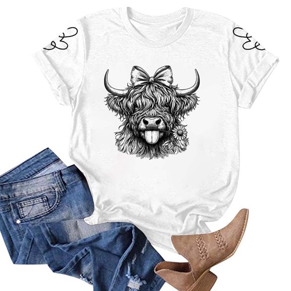 KDFJPTH Womens Graphic T Shirts Cow Shirt Cute Cow Interesting Animal Pattern Farm Life Short Sleeve Holiday Tshirts Top