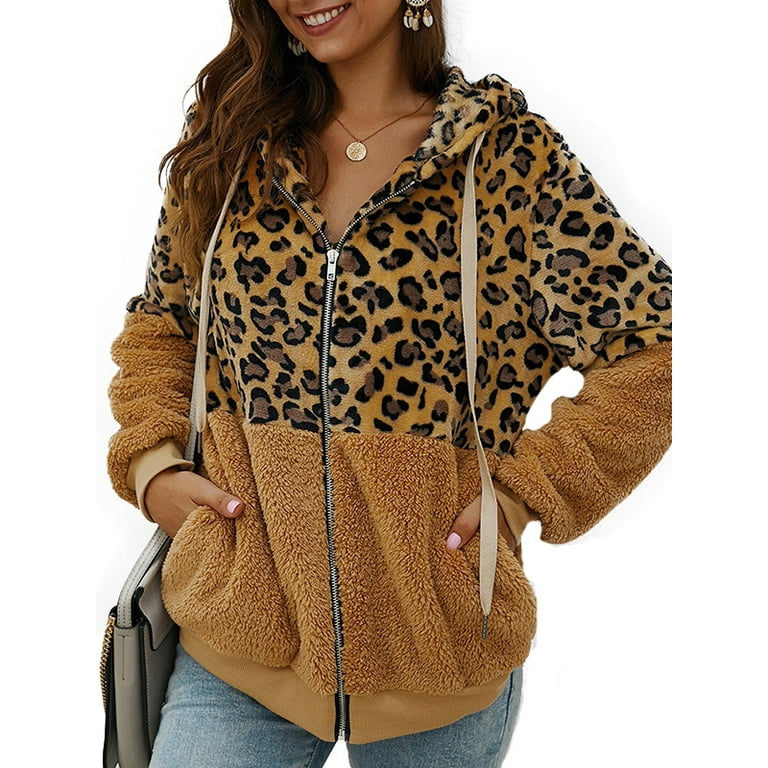 Wakaa Women's Zip Up Leopard Print Jackets Sherpa Fleece Outwear -  Walmart.com