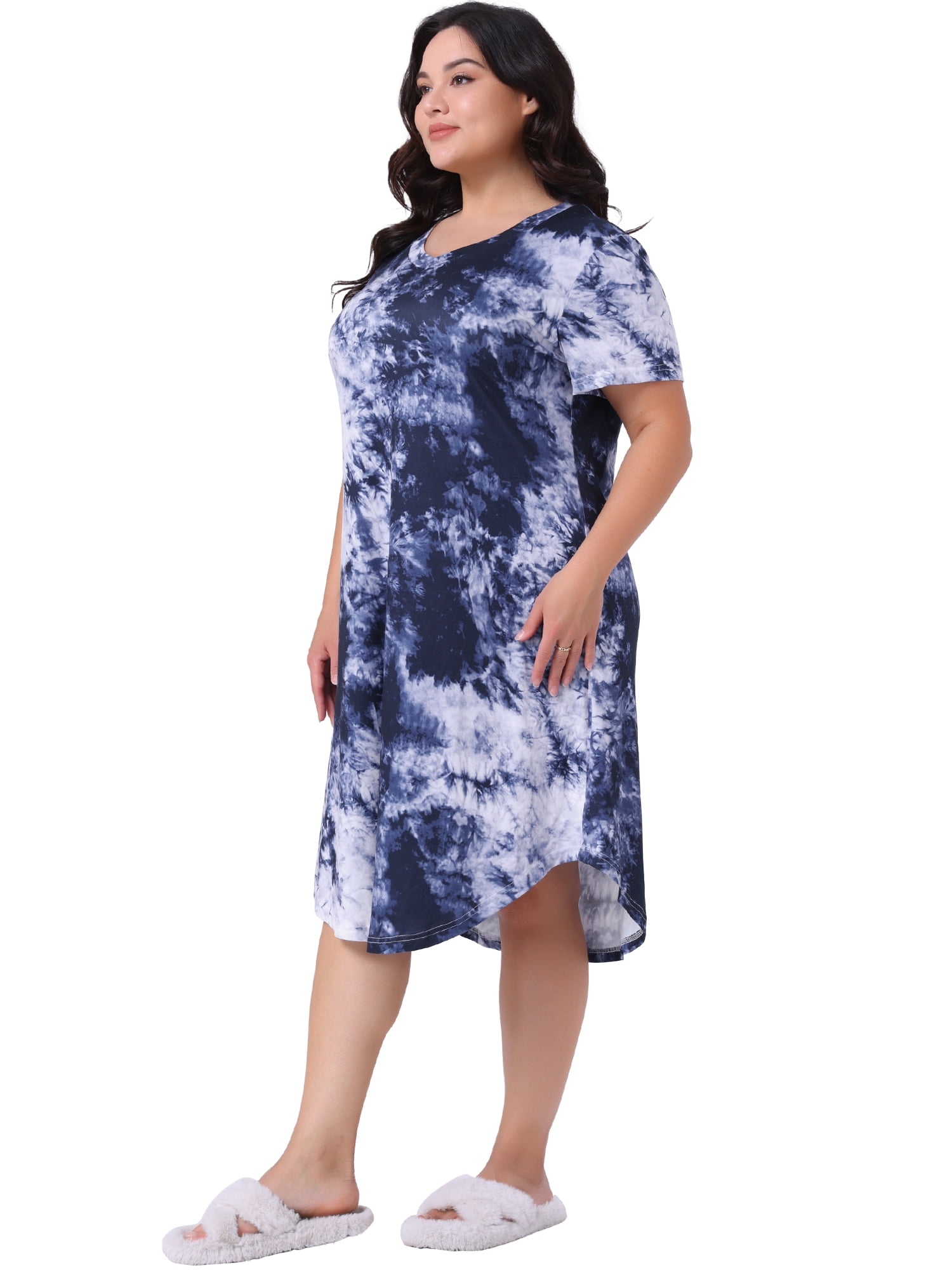 DARING DIVA Women's Plus V Neck Soft Tie Dye Short Sleeve Nightgown 3X Dark Blue