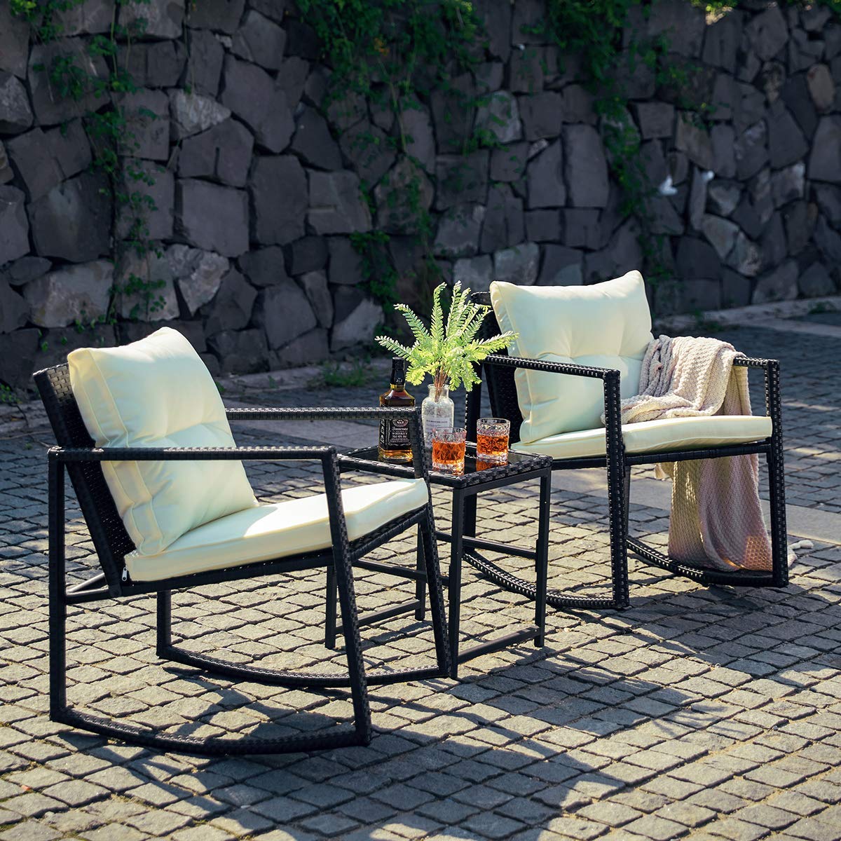 Pamapic Outdoor 3 Piece Porch Furniture Rocking Bistro Set Wicker Black Patio Furniture Sets Two Chairs With Glass Coffee Table Walmart Com Walmart Com