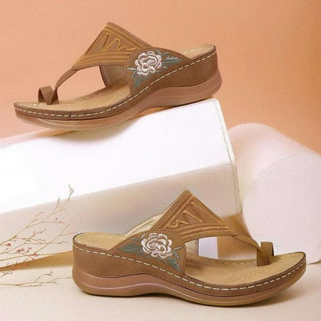 

Embroidery Orthopedic Comfy Flip Flop Sandals Open Toe Summer Outdoor Slippers Wedges Slippers for Women