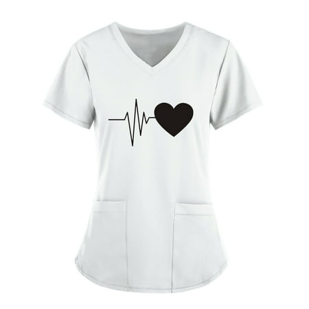 

CZHJS Women s Novelty T-Shirts Relaxed-Fit V-Neck Short Sleeve Solid Color Heart Beated Graphic Tops Clothes Country Music Tunic Working Uniform Nursing Workwear Scrubs Top White Tees Daily