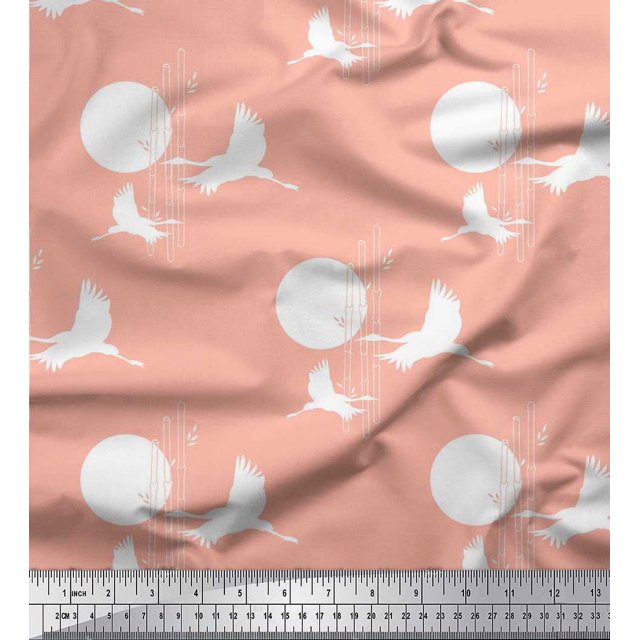 Soimoi Silk Fabric Bamboo Tree,Moon & Stork Bird Print Sewing Fabric Yard 42 Inch Wide