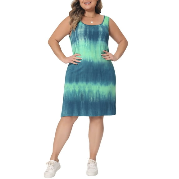 Agnes Orinda Plus Size Tie Dye Sleeveless Summer Dresses for Women Beach Tshirt Sundress Casual Loose Tank Dress 1X Blue Green