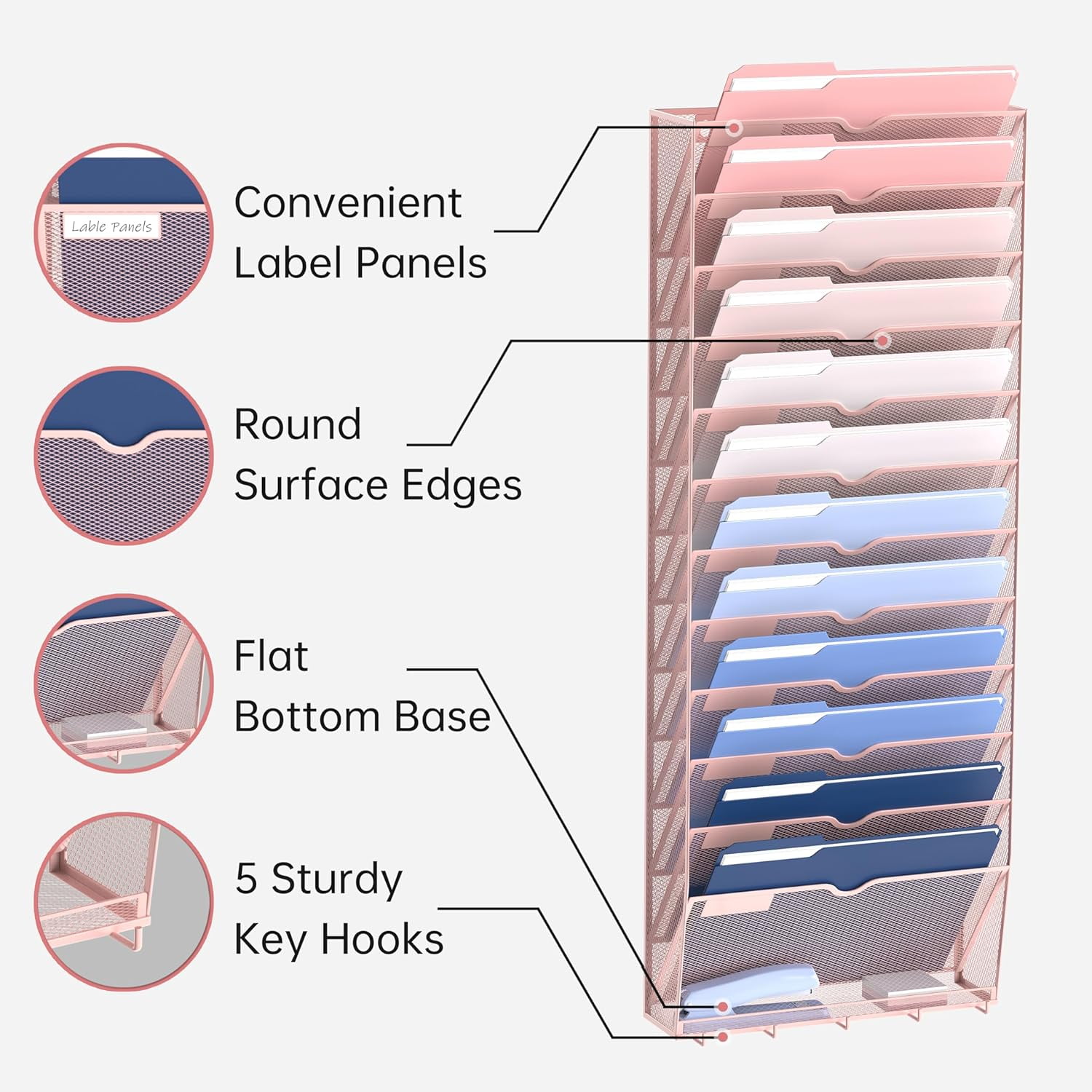 INTIGE 13-Tier Wall File Organizer with Hooks, Hanging File Organizer for Office School Home,Pink