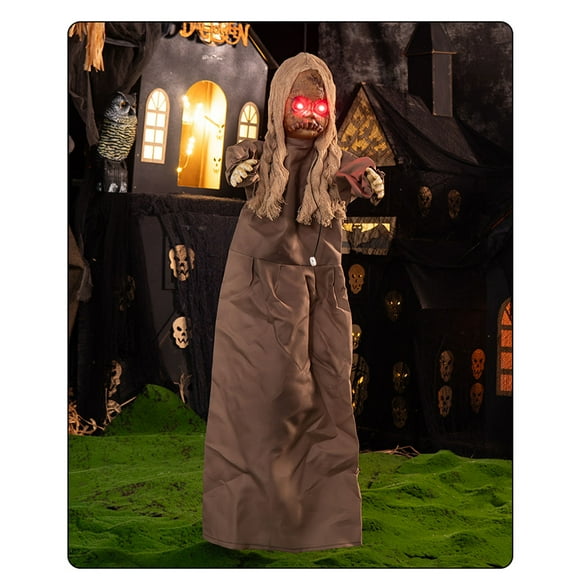 Outdoor Halloween Animatronics Decoration,36" Scary Hanging Scarecrow Girl Decor with Red Light Eyes and Spooky Sounds for Yard,Patio,Haunted House, Animated Zombie Girl with Sound Activated