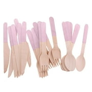 24pcs Disposable Wooden Cutlery MMF7Fork Spoon Knife for Home Party BBQ Tableware Cutlery Set - Pink