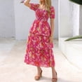thumbnail image 3 of Aellinatey Womens Square Neck Smocked Dress Puff Short Sleeve Floral Casual Ruffle Tiered Maxi Wedding Guest Dresses, 3 of 8