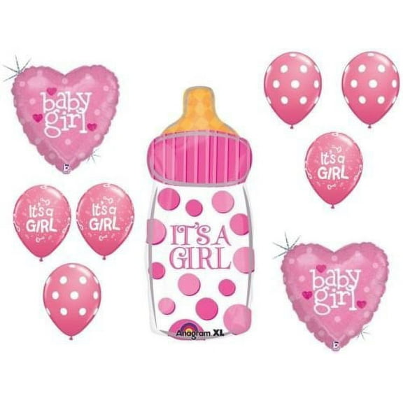 It's a BABY GIRL Bottle Pink Polka Dot Heart Shower Party Mylar & Latex Balloons