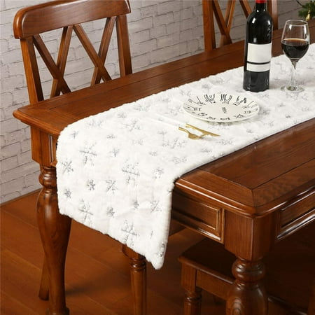 

Gwong Warm Table Runner Delicate Edging Plush Snowflake Pattern Xmas Table Cloth for Festival