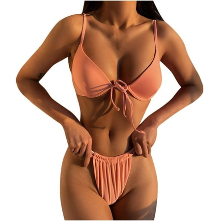 

VKEKIEO Two-Piece Sets Swimsuit Sport Bra Style Padded Pink L