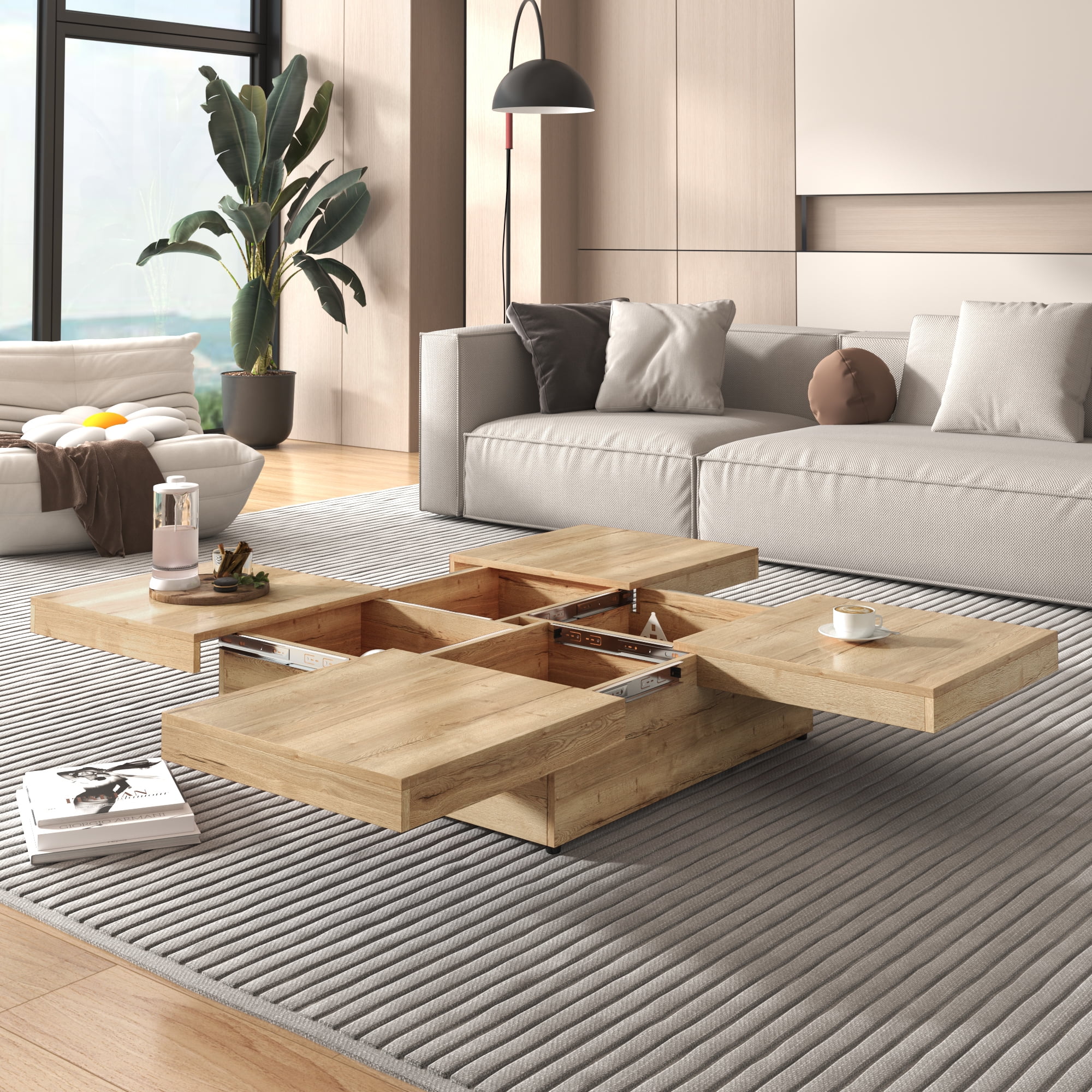 Euroco Square Veneer Coffee Table Sliding Top with Storage in Natural Wood Grain 39.4''