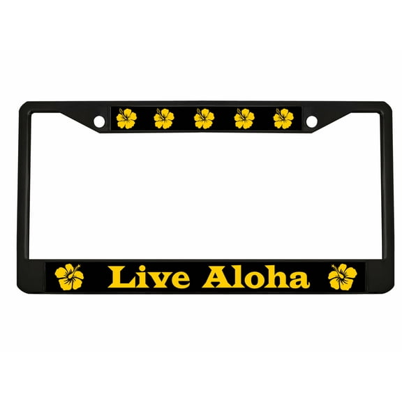 Live Aloha with Hibiscus Flower Style Metal License Plate Frame Personalized/Car Accessories Car Tag Holder Cover (Black/Black/Yellow)