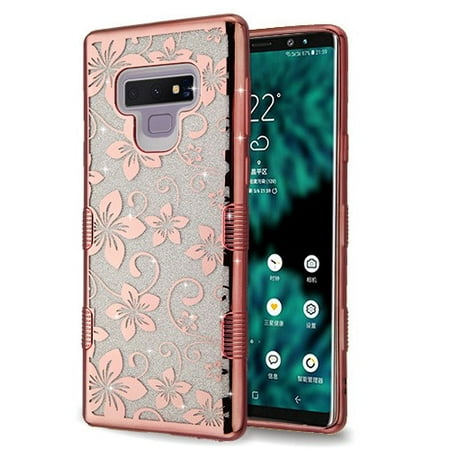 Samsung Galaxy Note 9 Case, Slim Protective Gliller Sparkle Bling 2 in 1 Hybrid Case Hard Inner Shell Flexible TPU Cover for Samsung Galaxy Note9 - Floral Rose