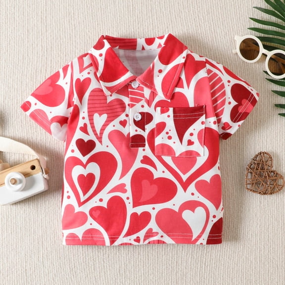 Youth Thermal Holiday Novelty Button Down Shirts Toddler Boys Girls Valentine's Day Short Sleeve Heart Prints Kids Tops T Shirt with Pocket (18-24 Months, Red)