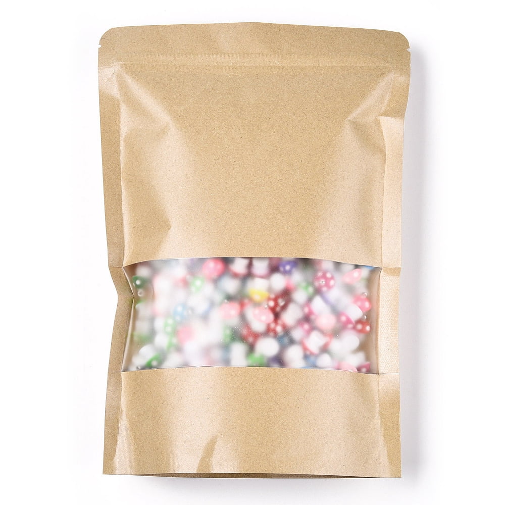 100 pc Resealable Kraft Paper Bags Resealable Bags Small Kraft Paper Stand up Pouch with Window Moccasin 26.2x18.2cm