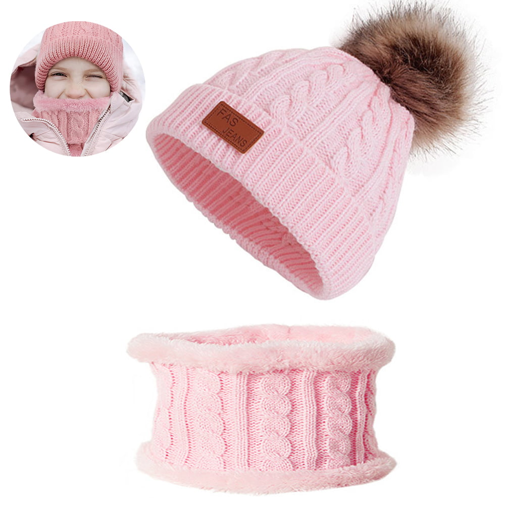 Cute Thick Earflap Hat with Gloves Pink Baby Pom Warm Winter Hat Set