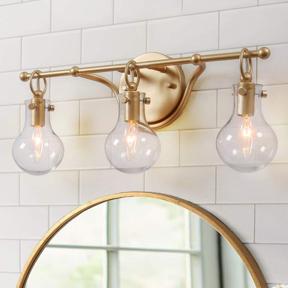 RUZINIU Bathroom Light Fixtures Brushed Gold Vanity Light Over Mirror with Clear Glass 3-Lights, L 20" x H 8.5" x W 6"