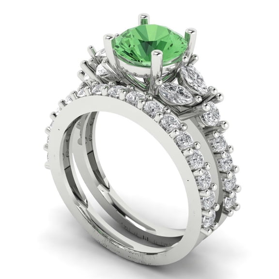 Clara Pucci 18K White Gold 2.94 Simulated Green Diamond Engraveable Engagement Ring Wedding Band Set