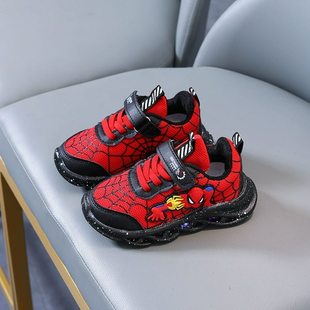 Disney-zapatillas de deporte informales LED para niños, zapatos de malla antideslizantes iluminados para exteriores, Spiderman, rojo y negro, talla 21-30, Primavera