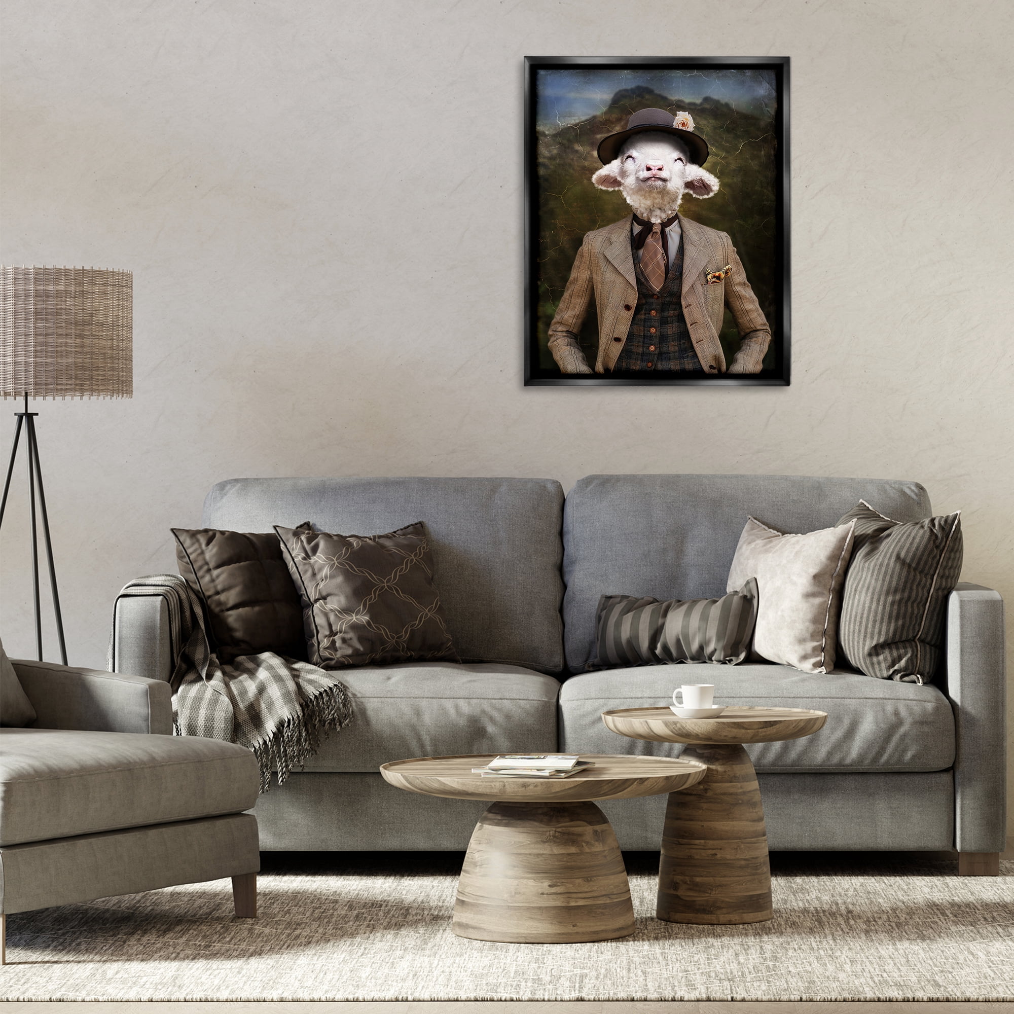 Stupell Industries Happy Classic Lamb Animals & Insects Painting Black Floater Framed Canvas Art Print Wall Art, 25 x 31